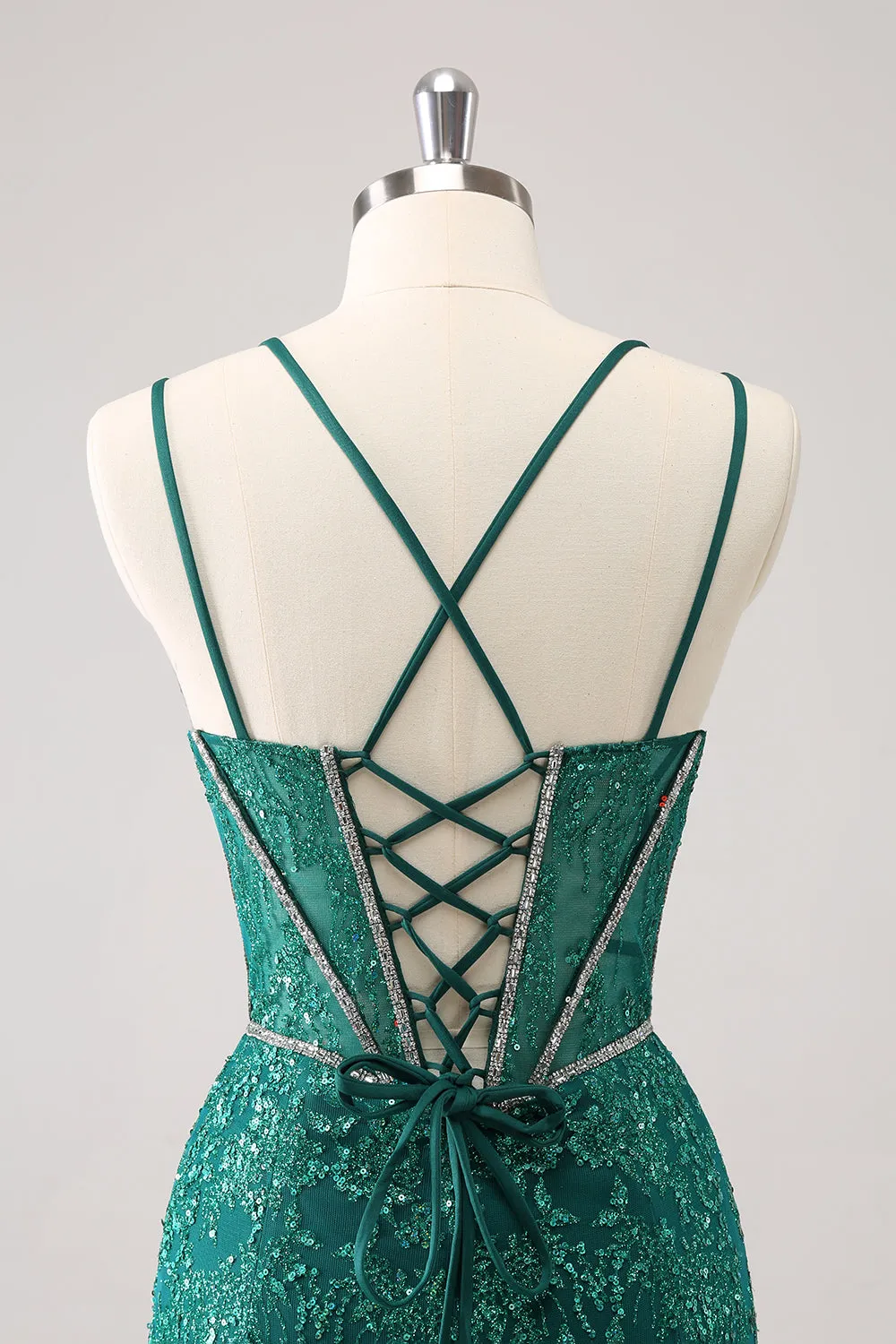 Glitter Dark Green Corset Spaghetti Straps Short Tight Homecoming Dresses