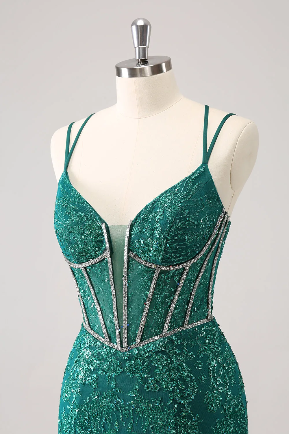 Glitter Dark Green Corset Spaghetti Straps Short Tight Homecoming Dresses