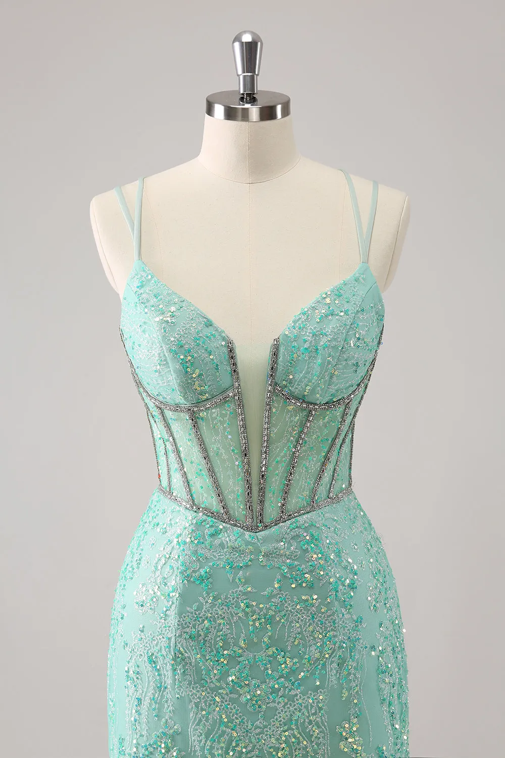 Glitter Dark Green Corset Spaghetti Straps Short Tight Homecoming Dresses