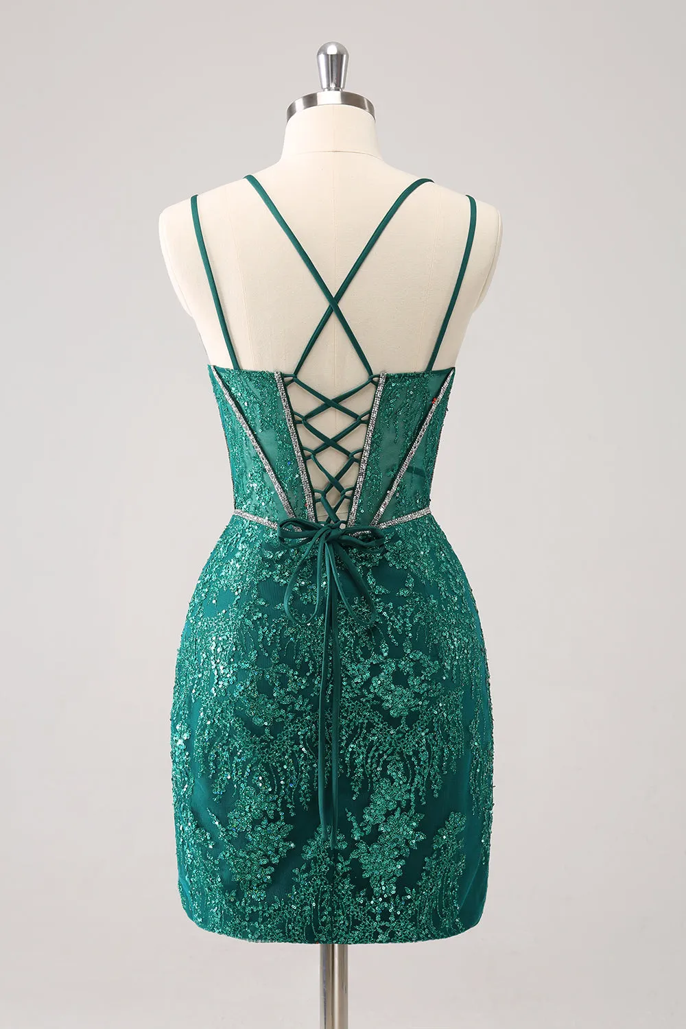 Glitter Dark Green Corset Spaghetti Straps Short Tight Homecoming Dresses