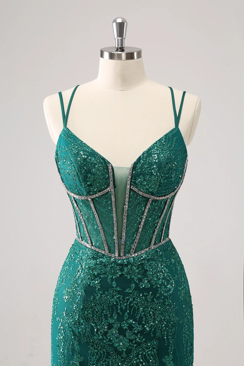 Glitter Dark Green Corset Spaghetti Straps Short Tight Homecoming Dresses