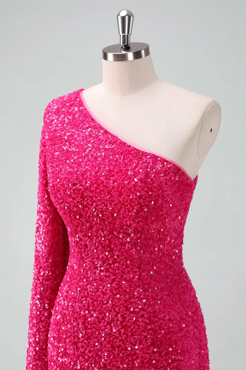 Glitter Fuchsia One Shoulder Sequin Tight Homecoming Dress with Fringe