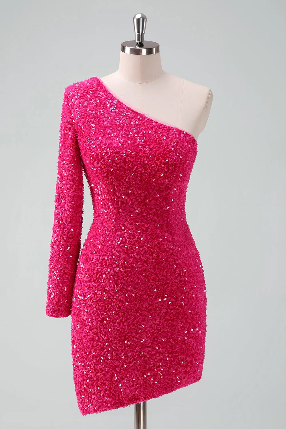 Glitter Fuchsia One Shoulder Sequin Tight Homecoming Dress with Fringe