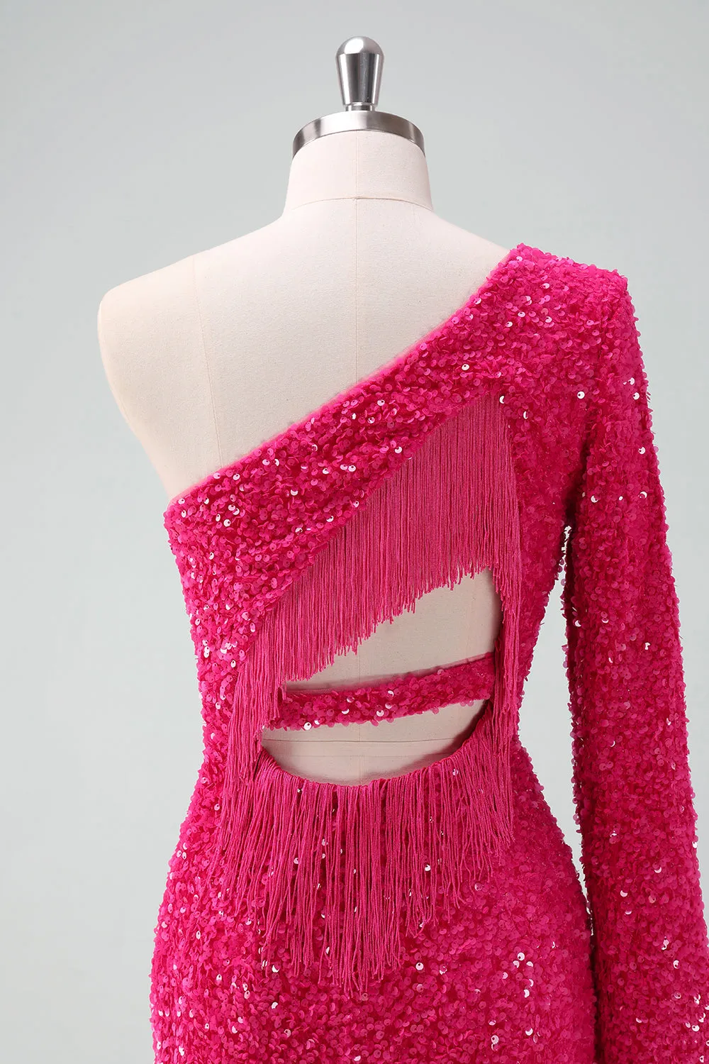 Glitter Fuchsia One Shoulder Sequin Tight Homecoming Dress with Fringe