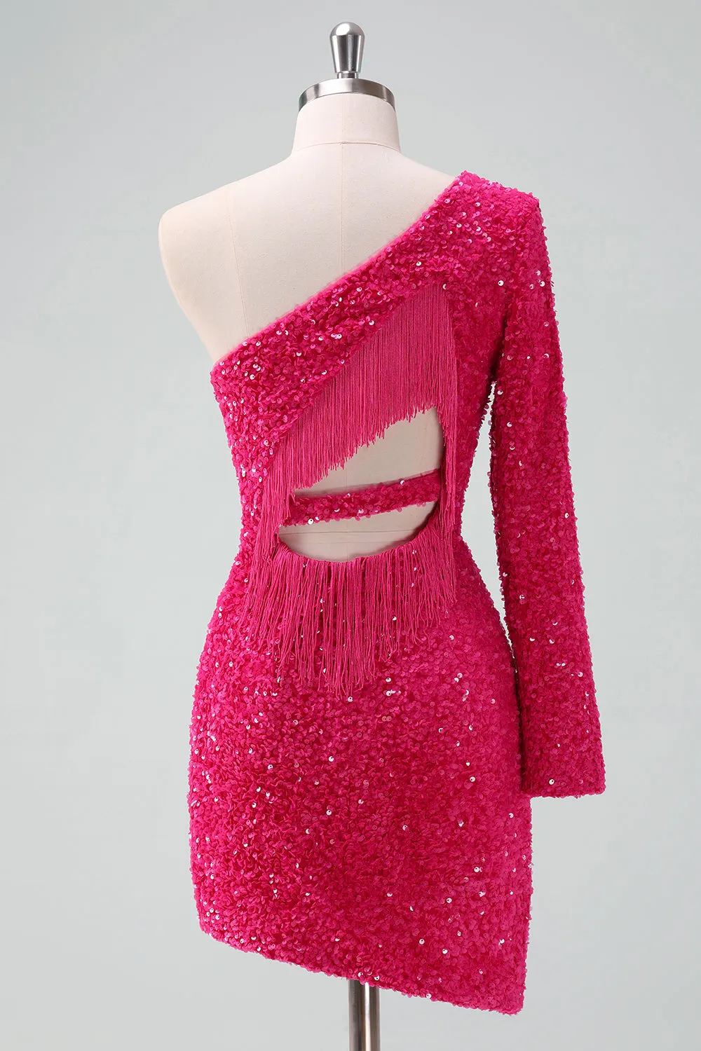 Glitter Fuchsia One Shoulder Sequin Tight Homecoming Dress with Fringe