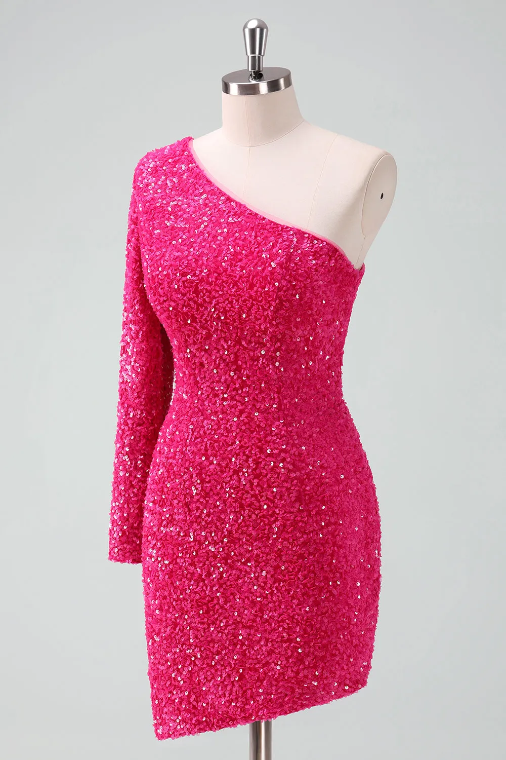 Glitter Fuchsia One Shoulder Sequin Tight Homecoming Dress with Fringe