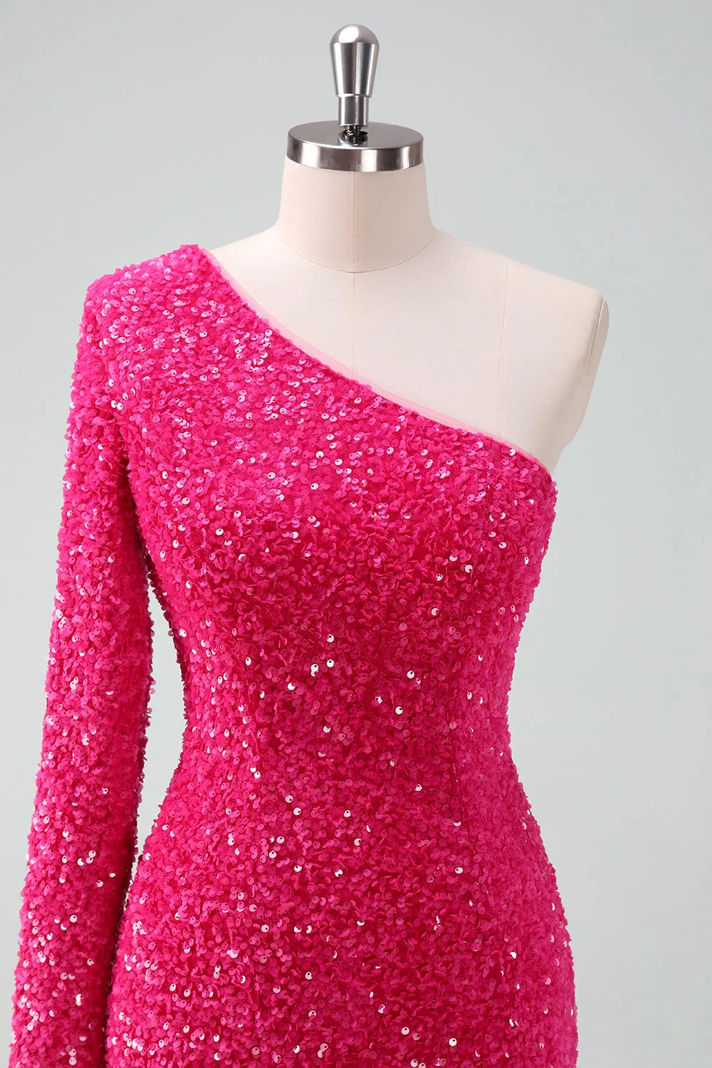 Glitter Fuchsia One Shoulder Sequin Tight Homecoming Dress with Fringe