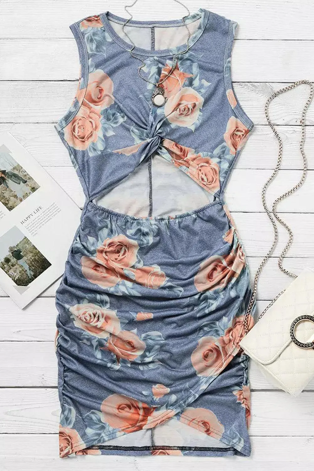 Gray Floral Print Hollow Out Wrap Tie Mini Dress