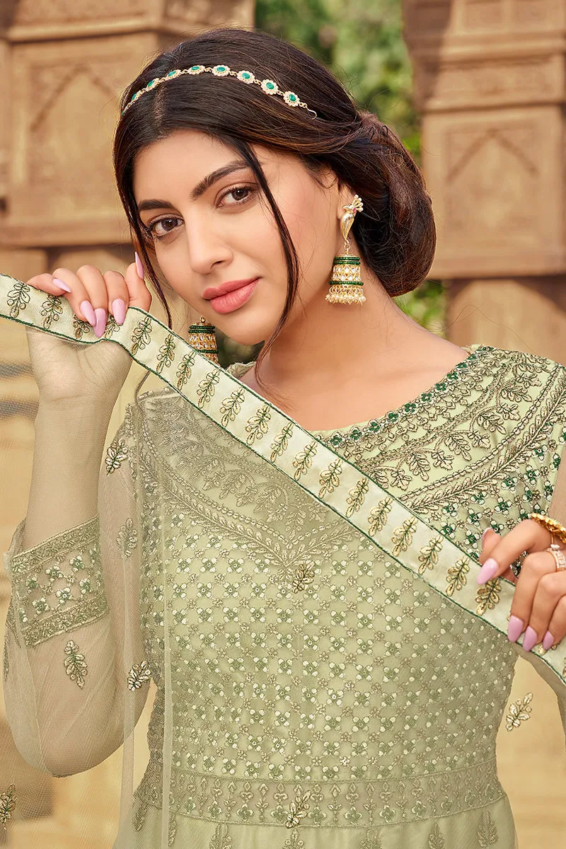 Green Heavy Butterfly Net Beautiful Anarkali Suit