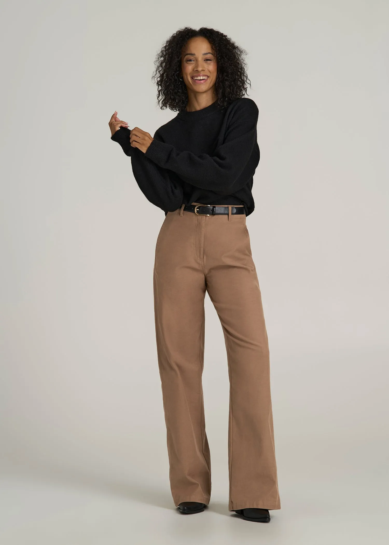 High-Rise Wide-Leg Flat-Front Chino Pants for Tall Women in Fawn