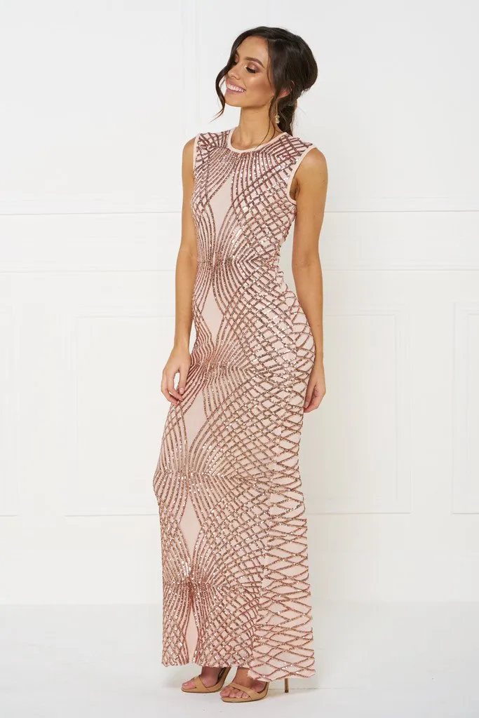 Honey Couture DELILAH Rose Gold Sequin Evening Gown Dress