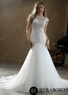 Illusion Bateau Neckline Beaded Mermaid Wedding Dress