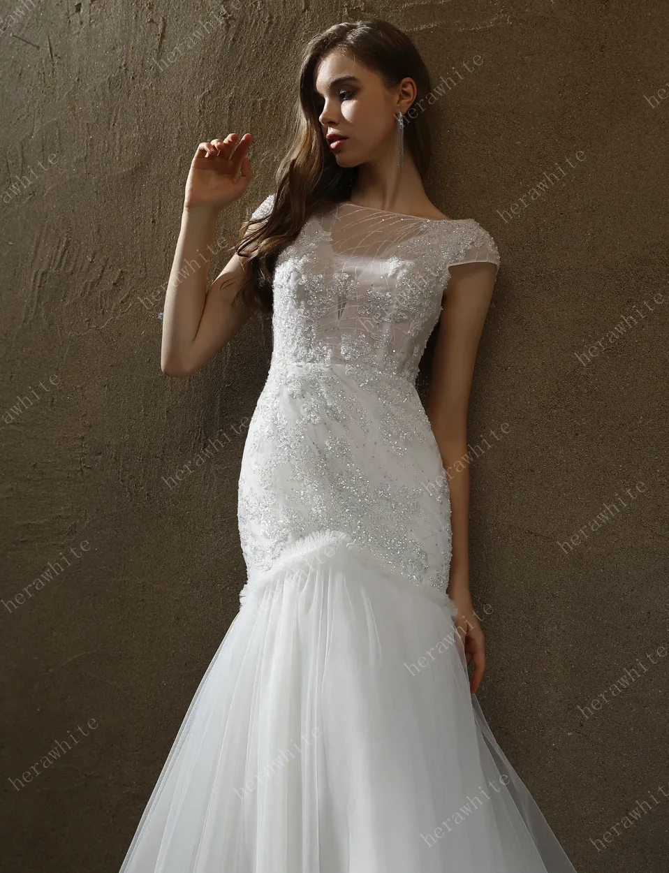 Illusion Bateau Neckline Beaded Mermaid Wedding Dress