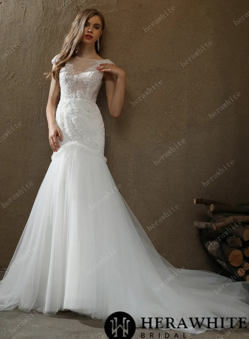 Illusion Bateau Neckline Beaded Mermaid Wedding Dress