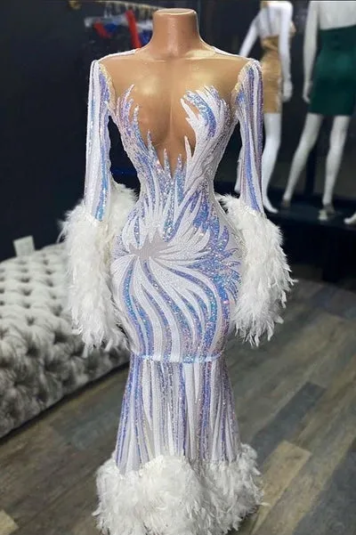 ILLUSION NECK LONG SLEEVES LUXURIOUS FUR SEQUIN MERMAID PROM DRESS SA105