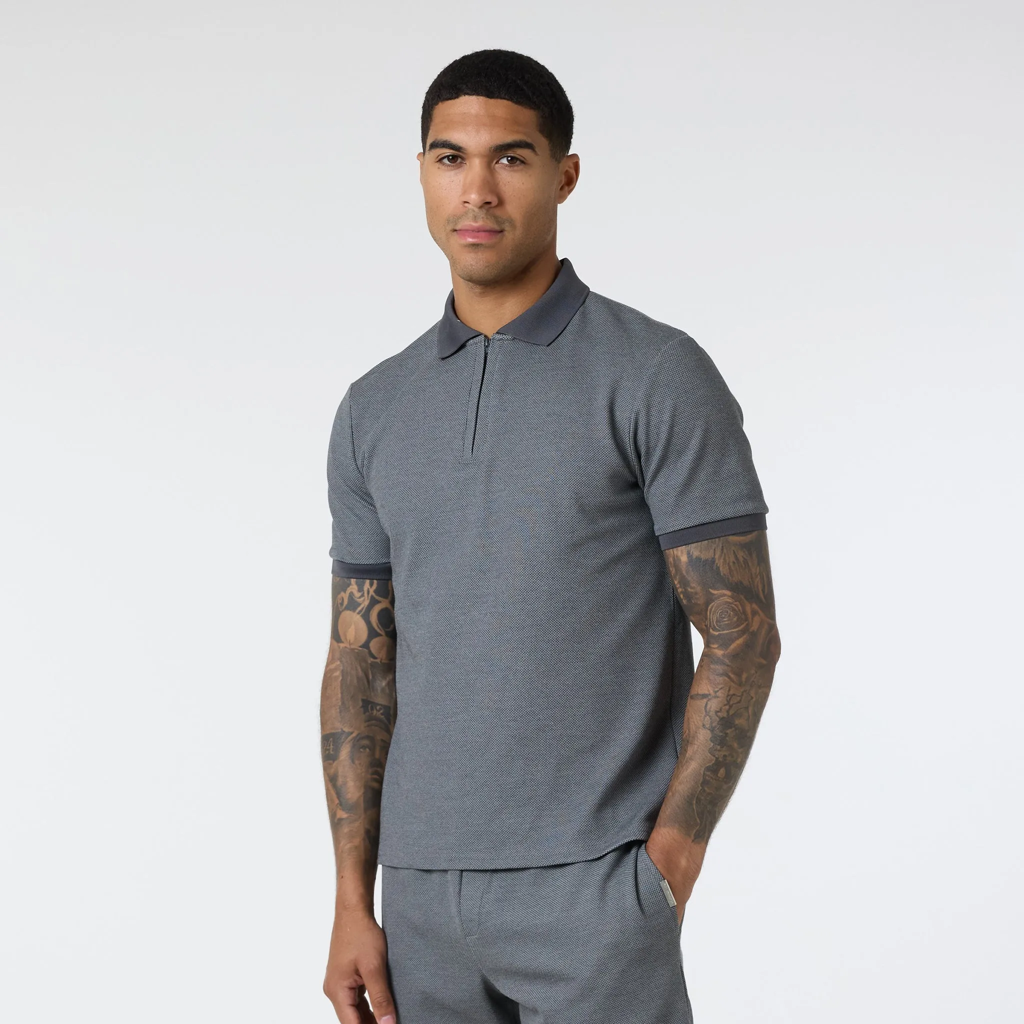 Jacquard Polo Twinset | Charcoal