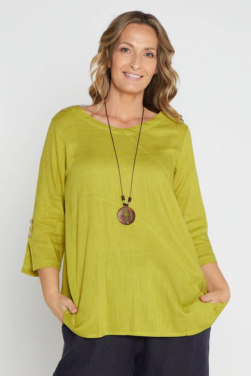 Janine Linen Top - Moss Citrine