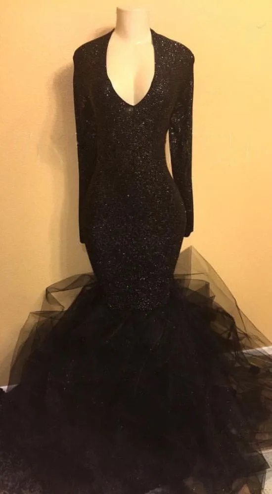 kamahe Chic black sequins prom dress, ruffles evening dress