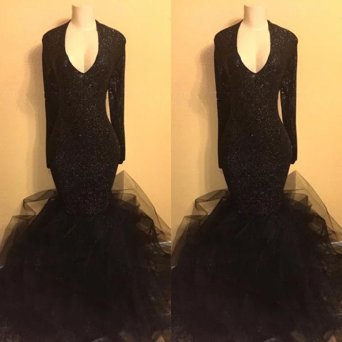 kamahe Chic black sequins prom dress, ruffles evening dress