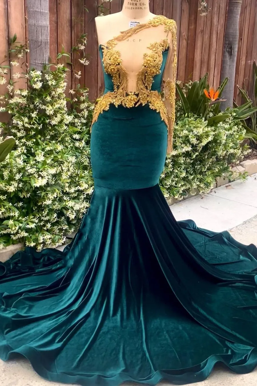 kamahe Dark Green Velvet One shoulder Mermaid Prom Dresses with Gold Appliques