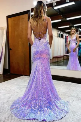 kamahe Lavender V Neck Mermaid Prom Dress, Sparkly Sequined Long Evening Gown