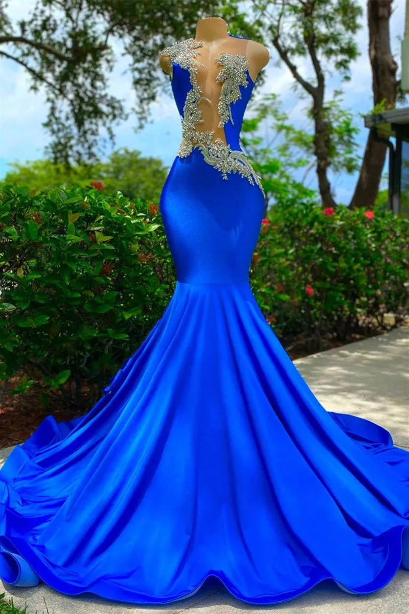 kamahe V-neck Mermaid Appliques Lace Sequined Open Back One Shoulder Floor-length Sleeveless Prom Dress