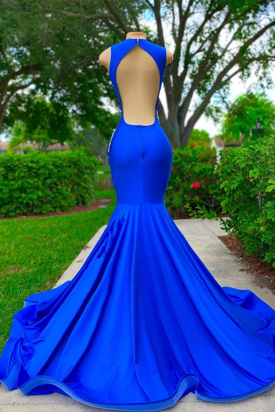 kamahe V-neck Mermaid Appliques Lace Sequined Open Back One Shoulder Floor-length Sleeveless Prom Dress