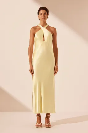 LA LUNE CROSS FRONT KEYHOLE MIDI DRESS - LEMON