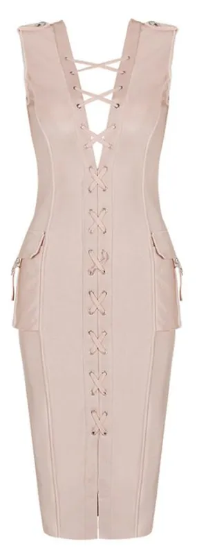 Lace-up Sleeveless Knee-Length Bodycon Dress, Nude