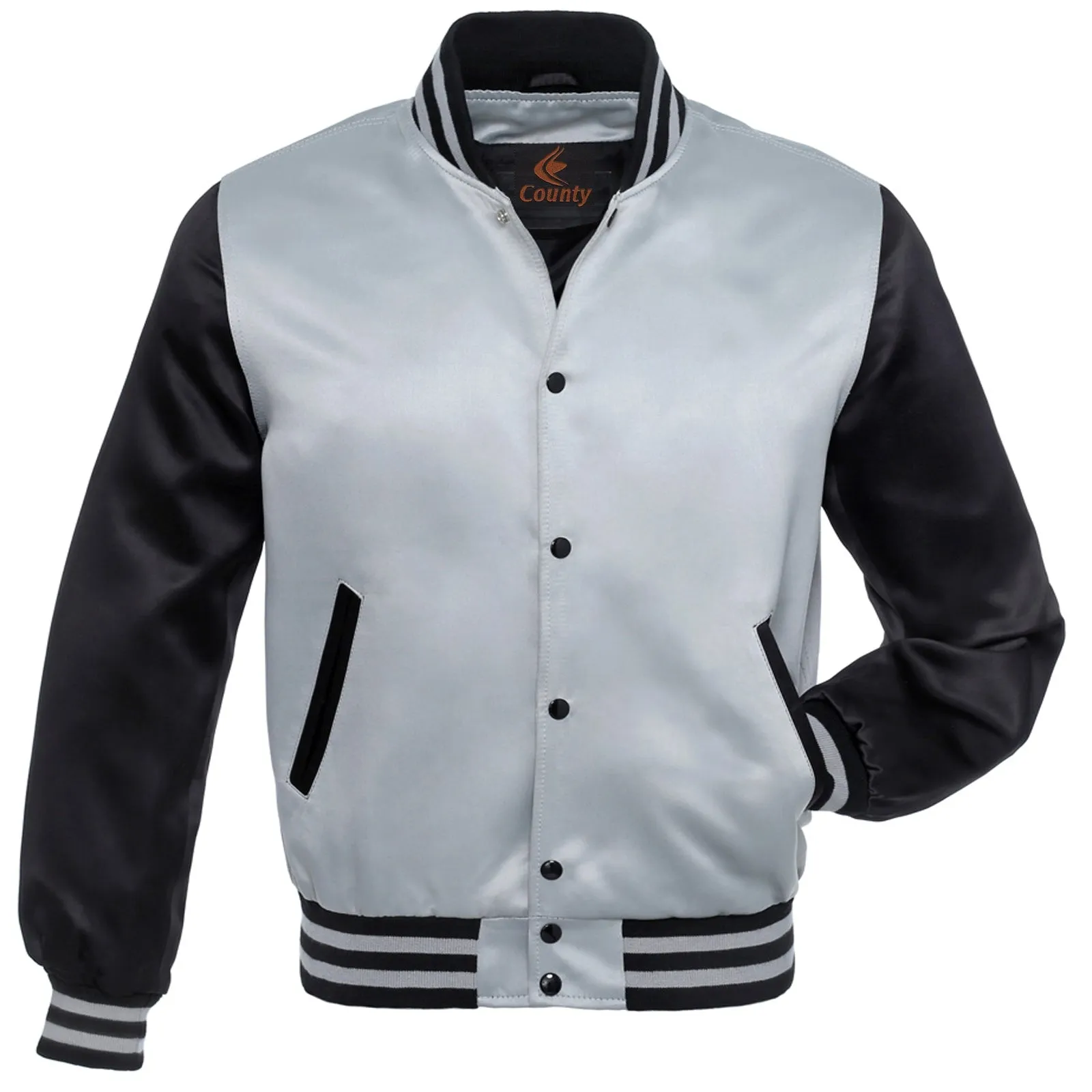 Ladies Varsity Jacket Black Gray Satin Jacket Mens Letterman Jacket