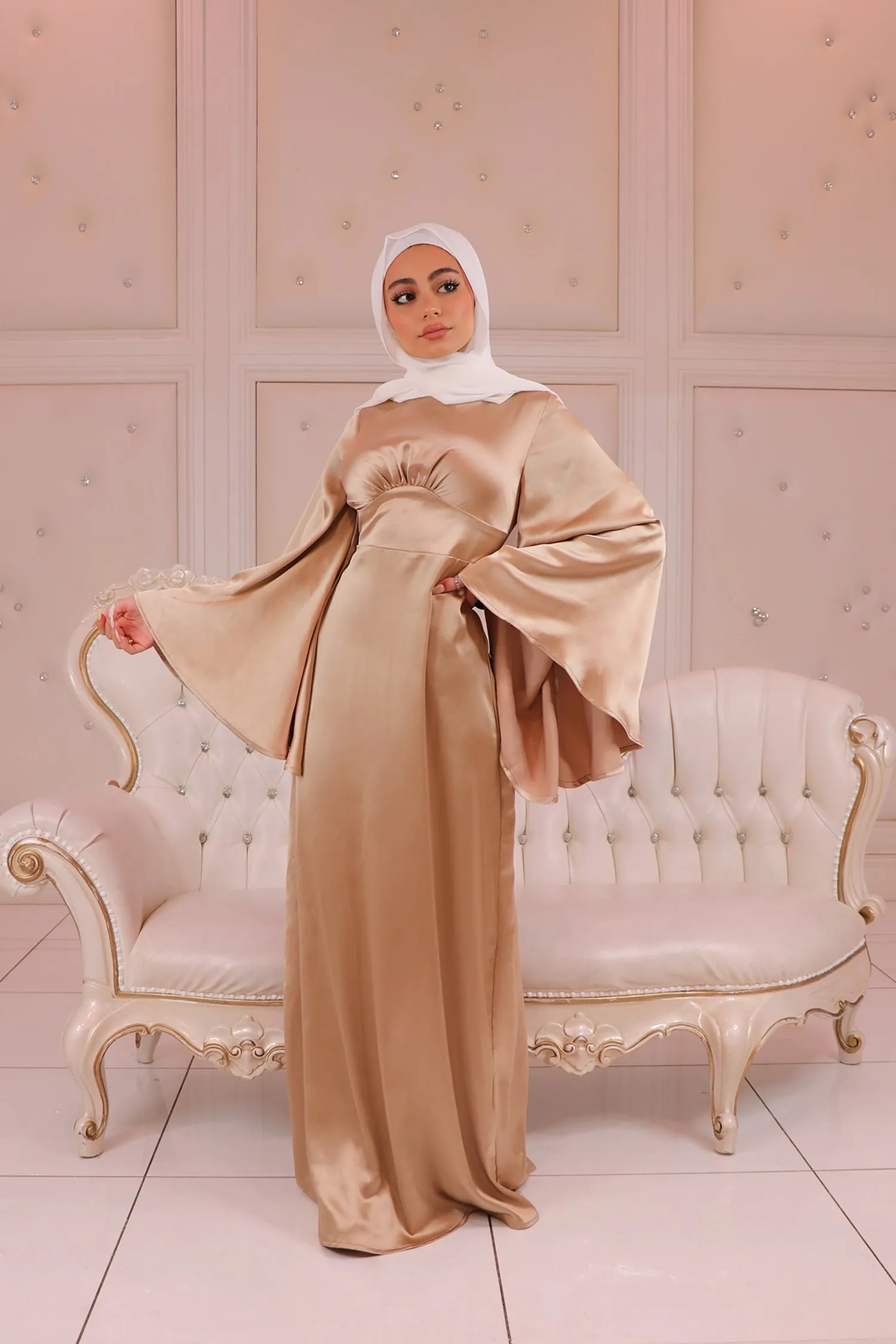 LaMeera Drape Sleeves Satin Dress -Champagne