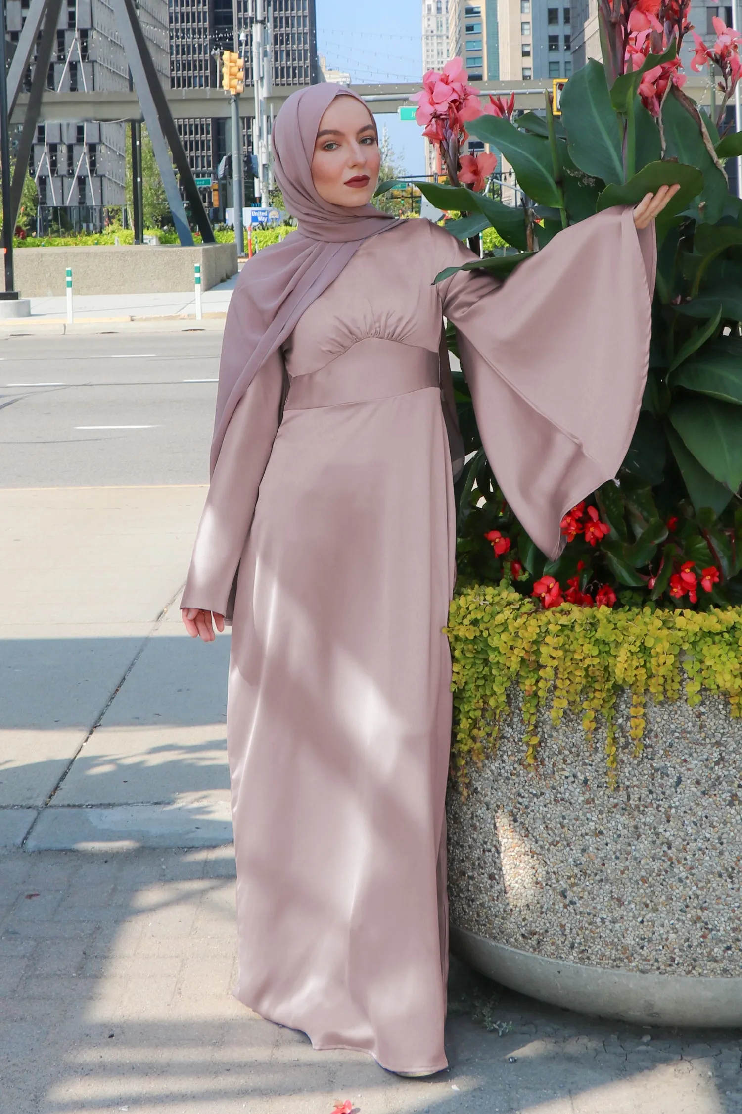 LaMeera Drape Sleeves Satin Dress - Dusty Rose