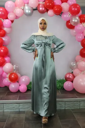 LaMeera Tie Front Satin Dress - Mint Gray