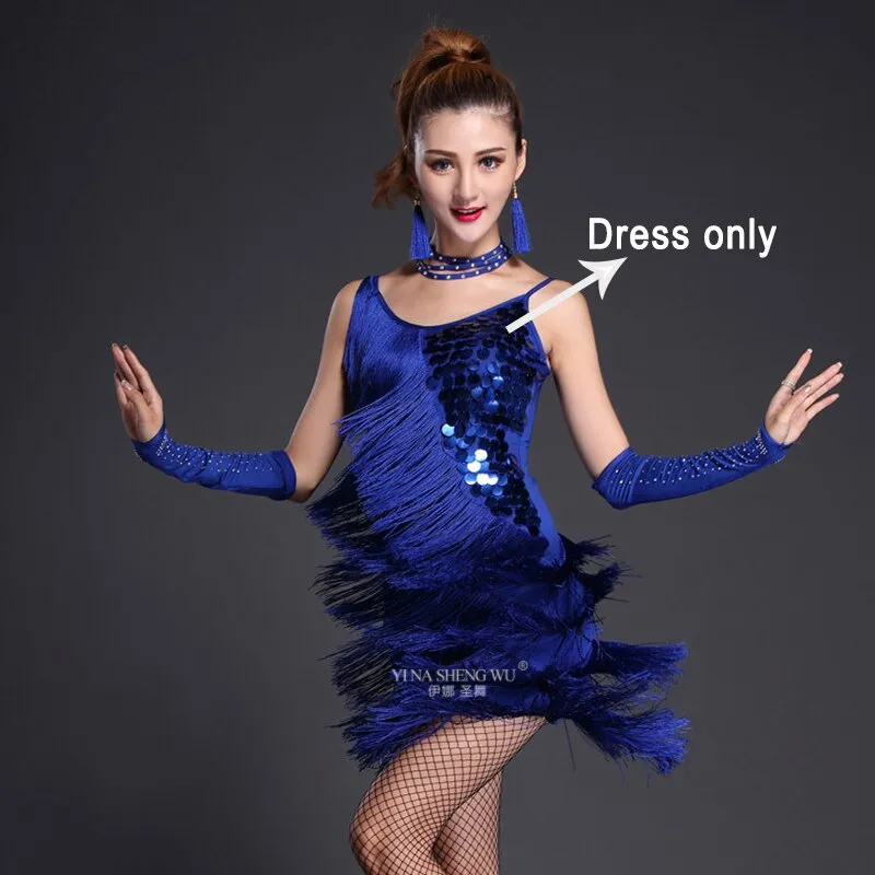 Latin Dance Costume Adult Fringe Sequin Dress Professional Dancing Tassel Dress