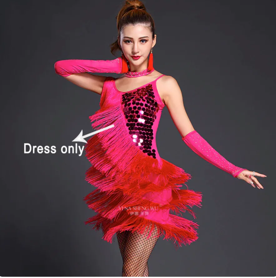 Latin Dance Costume Adult Fringe Sequin Dress Professional Dancing Tassel Dress