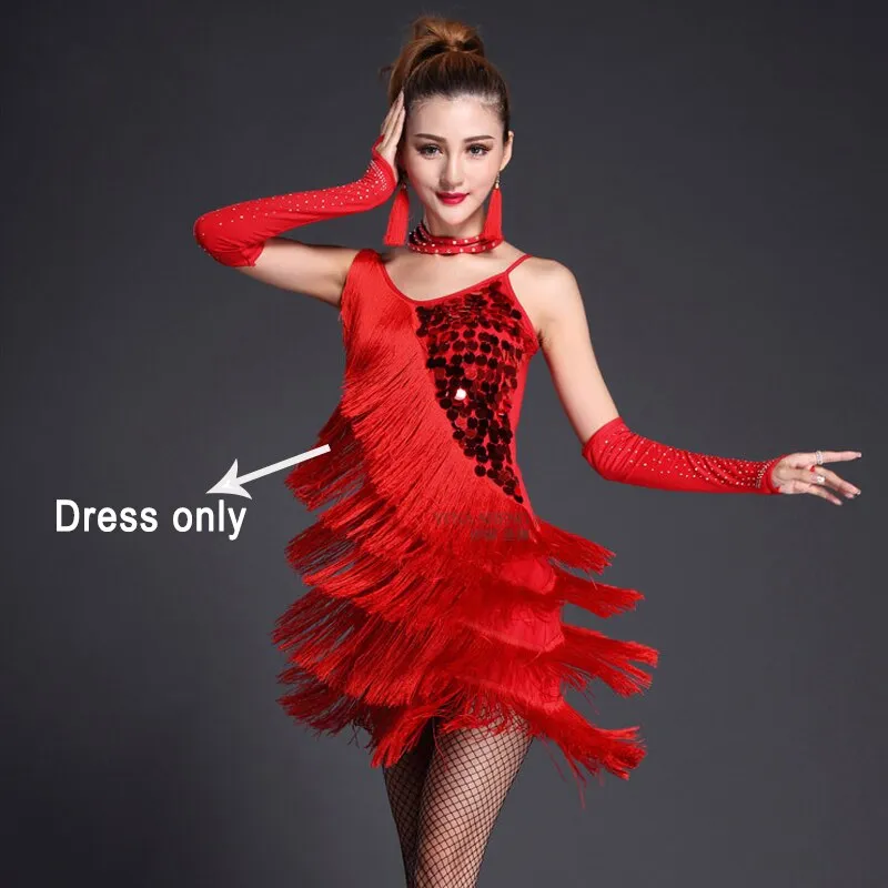 Latin Dance Costume Adult Fringe Sequin Dress Professional Dancing Tassel Dress