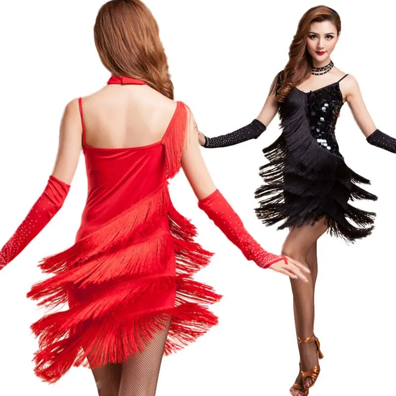 Latin Dance Costume Adult Fringe Sequin Dress Professional Dancing Tassel Dress