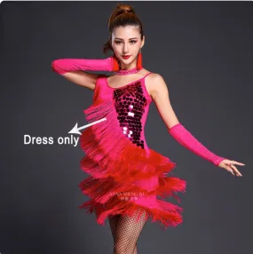 Latin Dance Costume Adult Fringe Sequin Dress Professional Dancing Tassel Dress