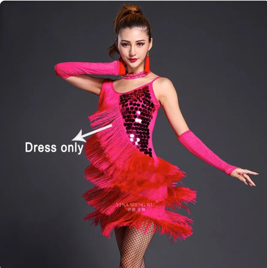 Latin Dance Costume Adult Fringe Sequin Dress Professional Dancing Tassel Dress