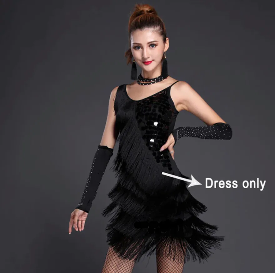 Latin Dance Costume Adult Fringe Sequin Dress Professional Dancing Tassel Dress