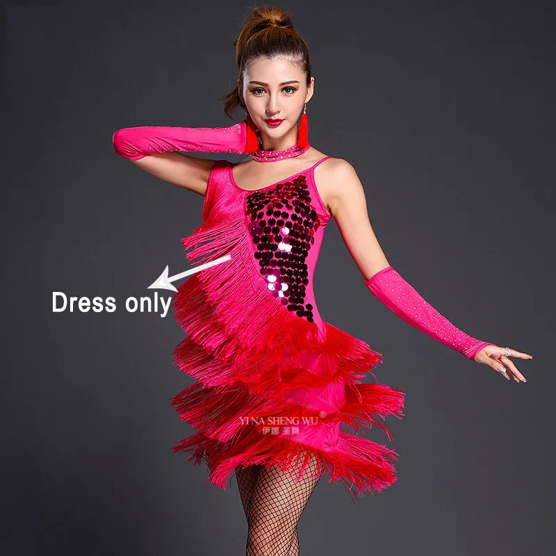 Latin Dance Costume Adult Fringe Sequin Dress Professional Dancing Tassel Dress