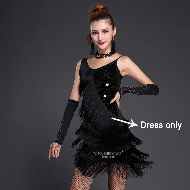 Latin Dance Costume Adult Fringe Sequin Dress Professional Dancing Tassel Dress