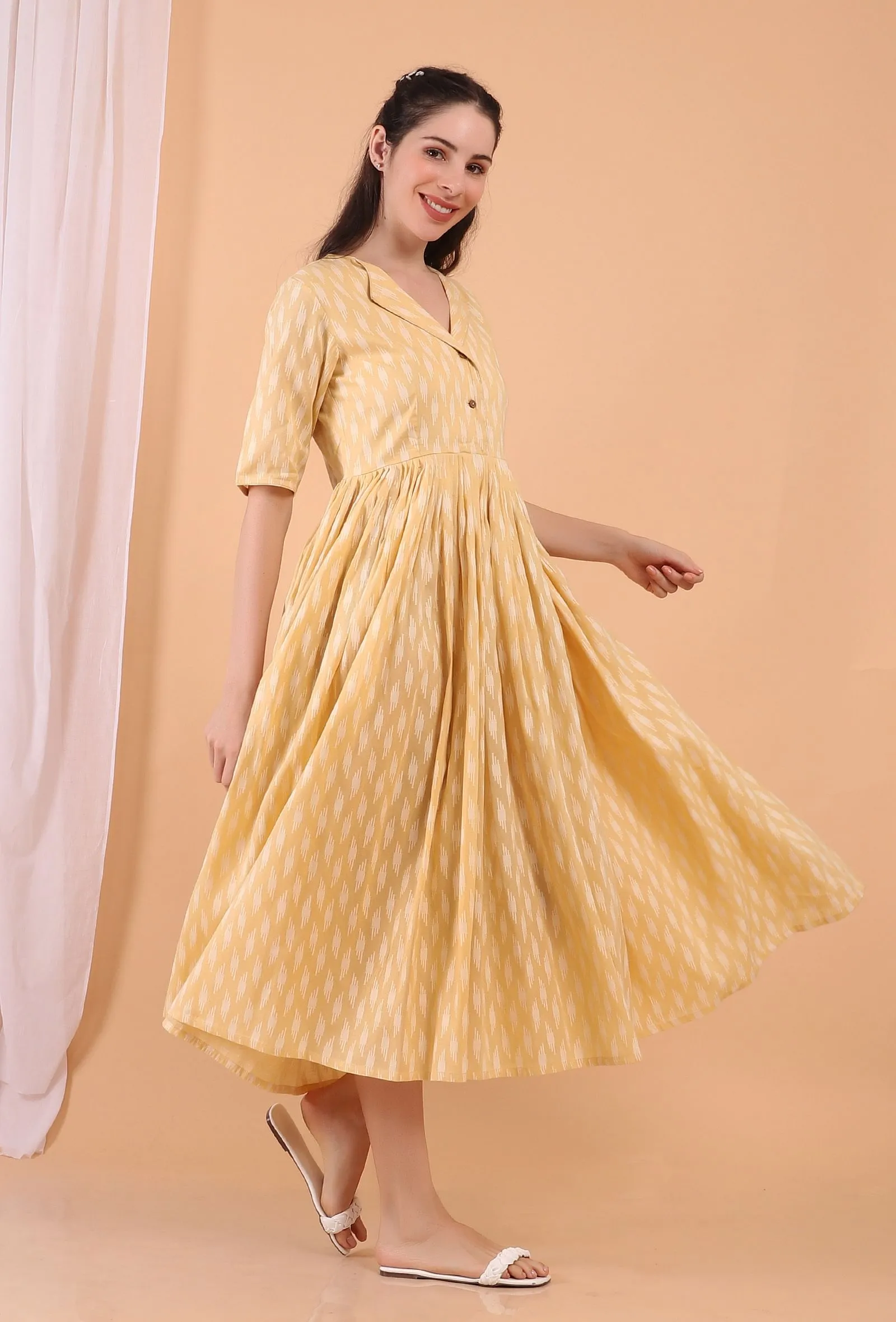 Lemon Tart Yellow Cotton Tiered Gathered Long Dress