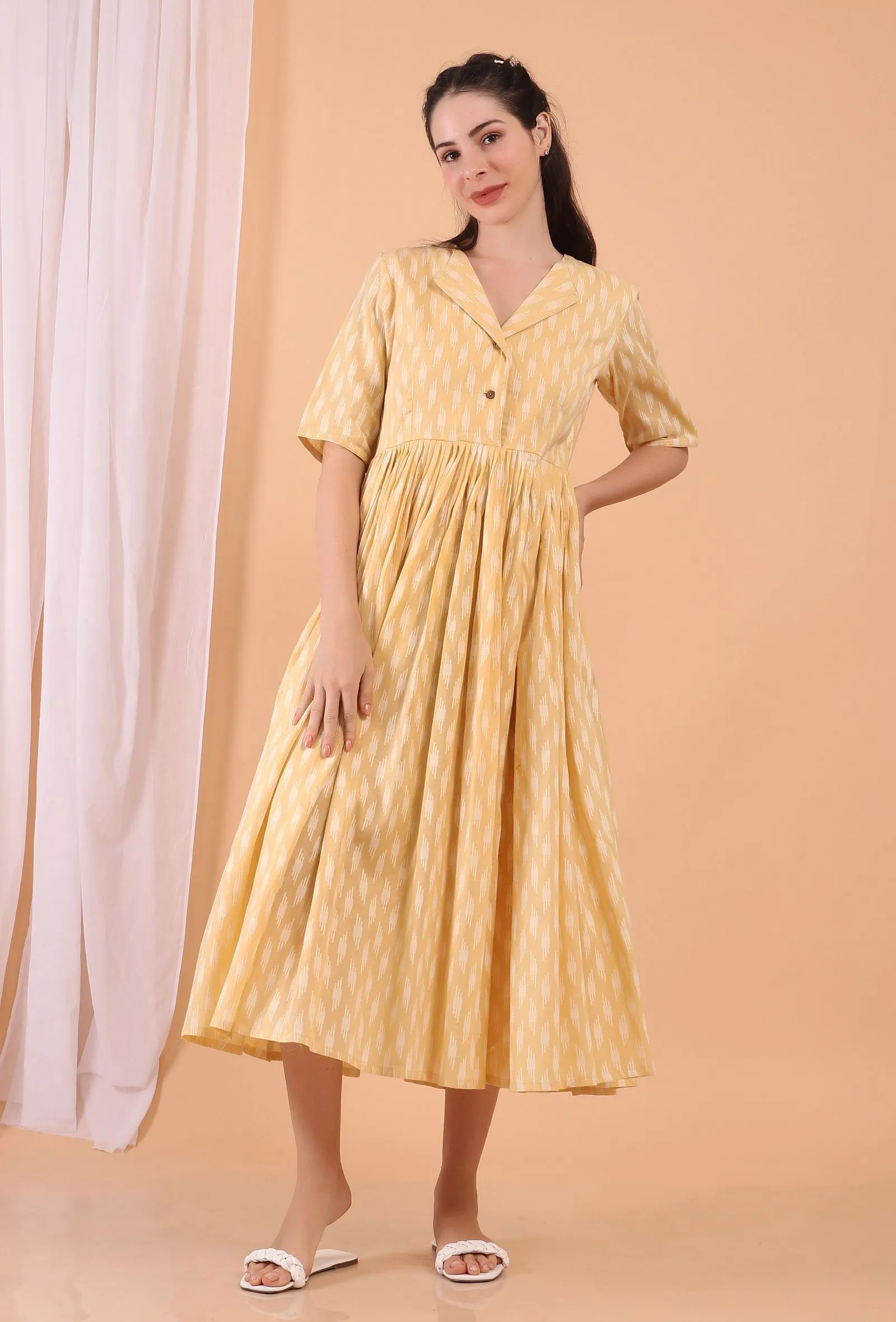 Lemon Tart Yellow Cotton Tiered Gathered Long Dress