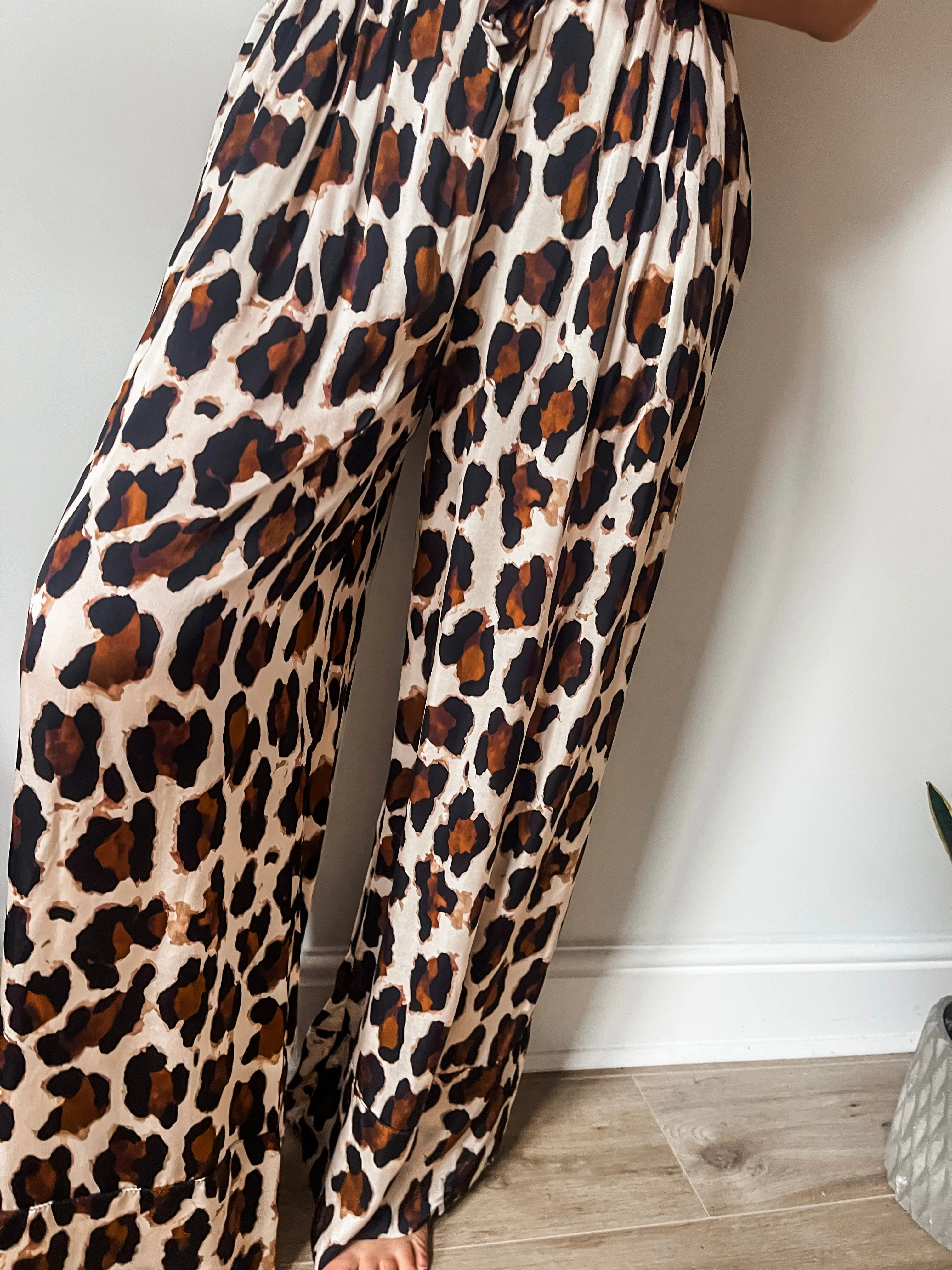 Leopard Silk Wide Leg Trousers