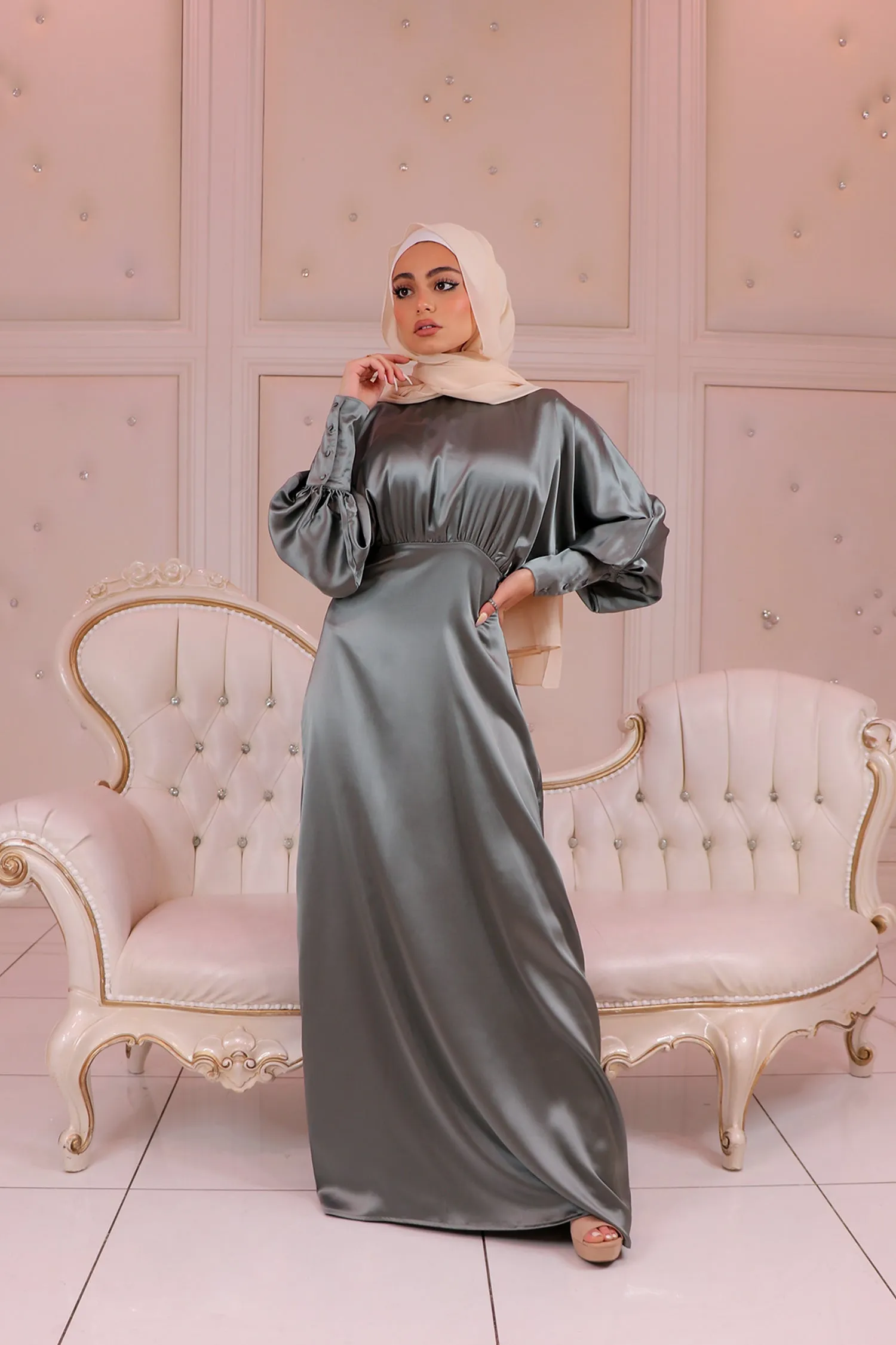 Liliana Batwing Satin Dress - Mint Gray