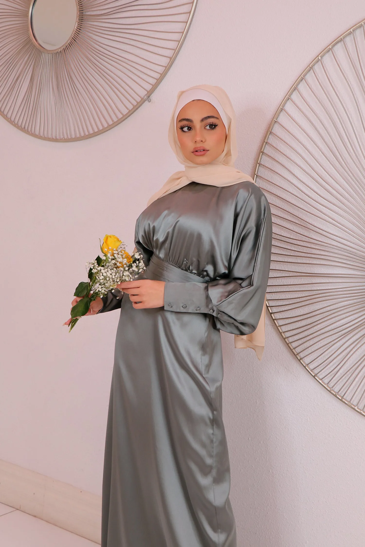 Liliana Batwing Satin Dress - Mint Gray