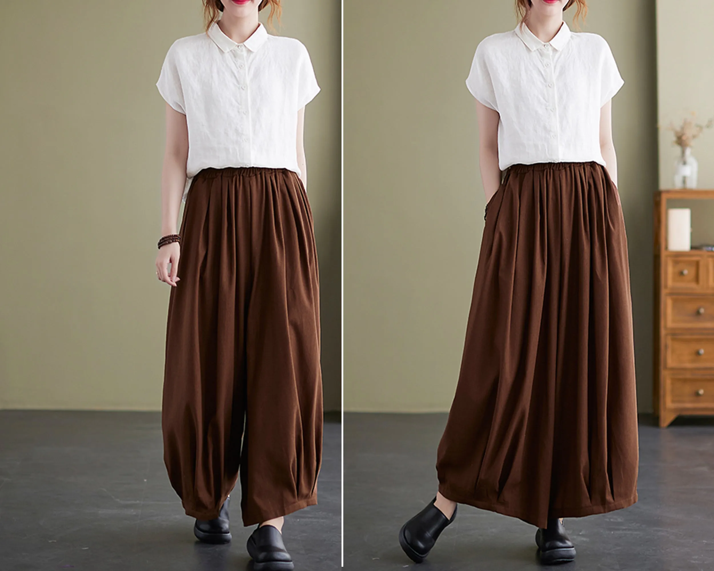 Linen skirt pants, ankle length pants, Wide leg pants, black skirt pants, cotton pants, custom made, green pants (K2249)