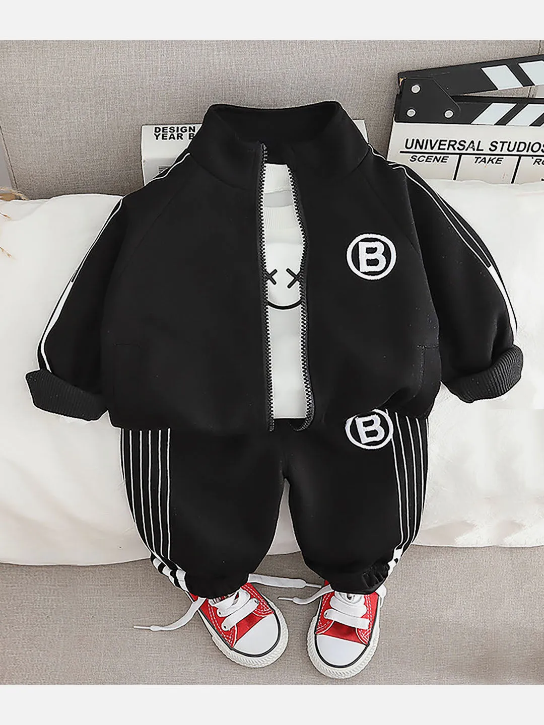 Little Surprise Box Black Letter B Monogram 3 Pcs Track Suit Set For Toddlers And Kids