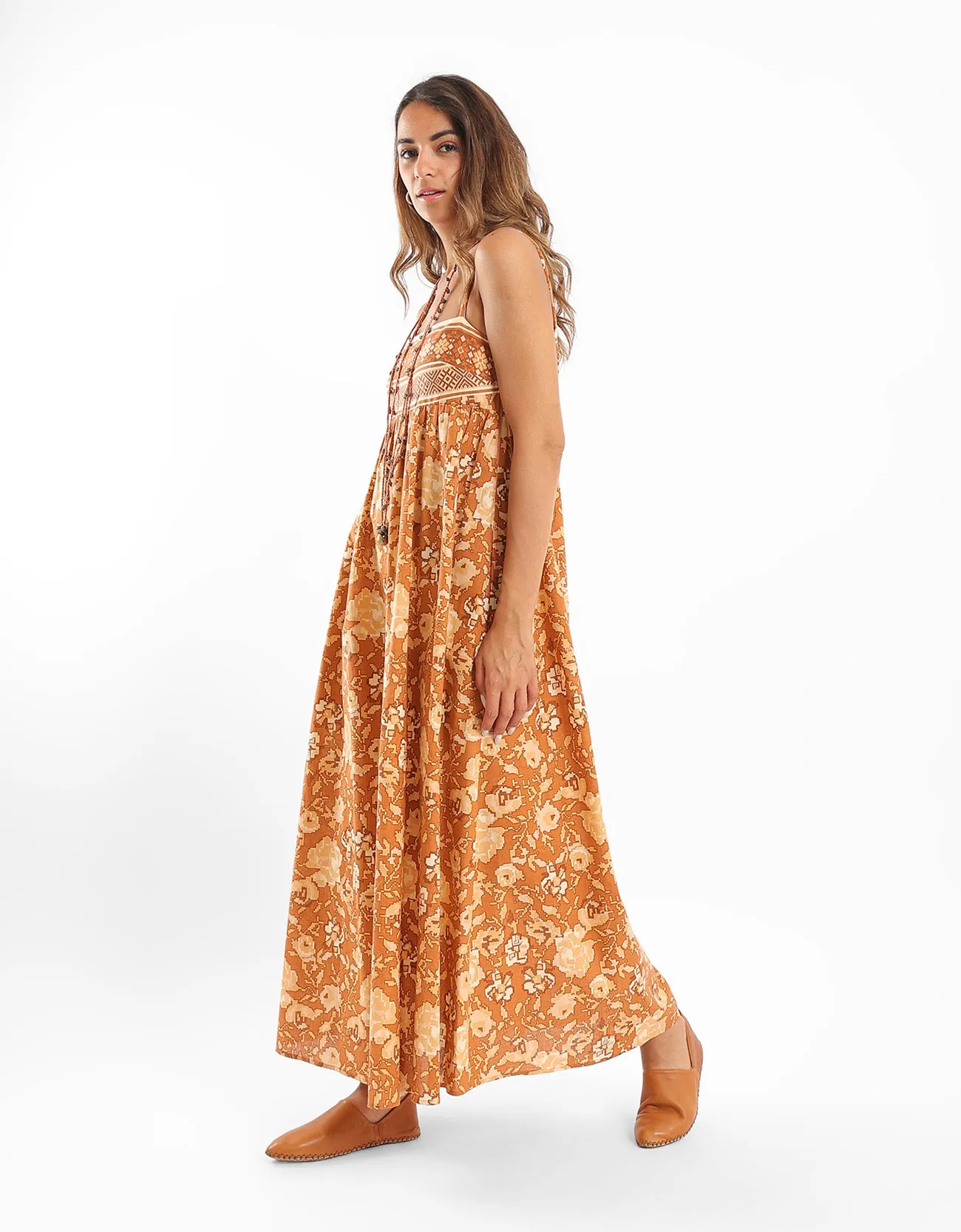 Long printed sleeveless dress with thin straps